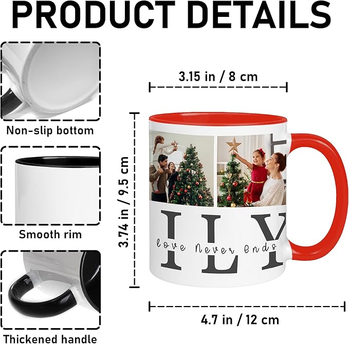 Personalized Funny Christmas Hot Cocoa Mug – Santa Gift, Unique White Elephant Exchange Present – Custom Family Photo Coffee Cup with Quote “Where Life Begins and Love Never Ends”