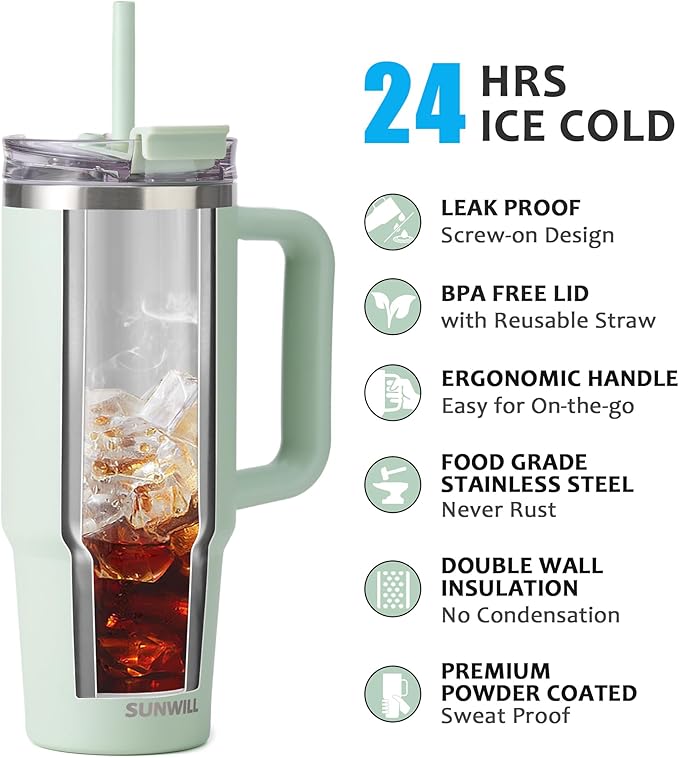 SUNWILL Coffee Tumbler with Handle, 30 oz Travel Mug with Lid and Straw Insulated, Stainless Steel Cup Leak Proof for Travel & Outdoor, Cupholder Friendly, Powder Coated Matcha Cream