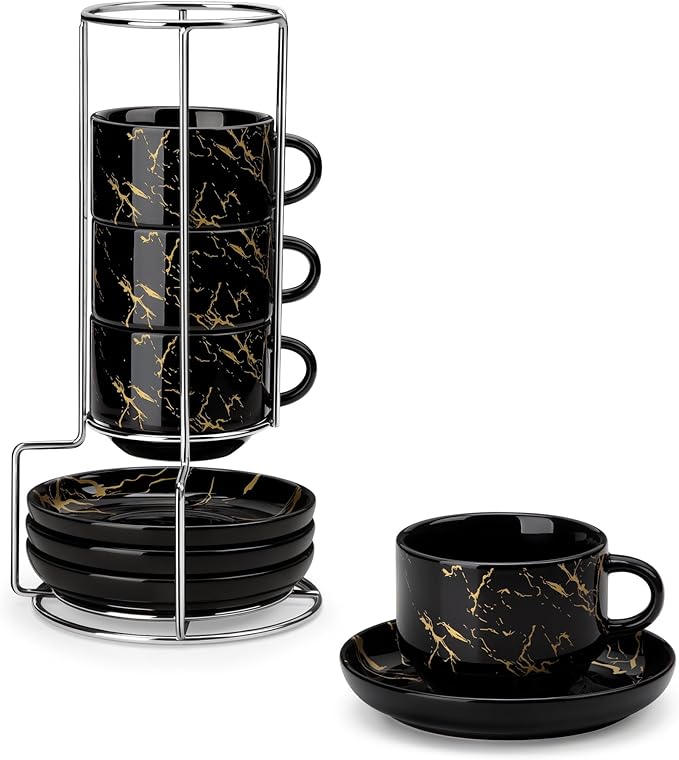 MALACASA 4 OZ Porcelain Espresso Cups with Saucers and Metal Stand Set of 4, Stackable Cappuccino Cups, Marble Black Expresso Shots Cup Set for Coffee Drinks, Latte, Tea
