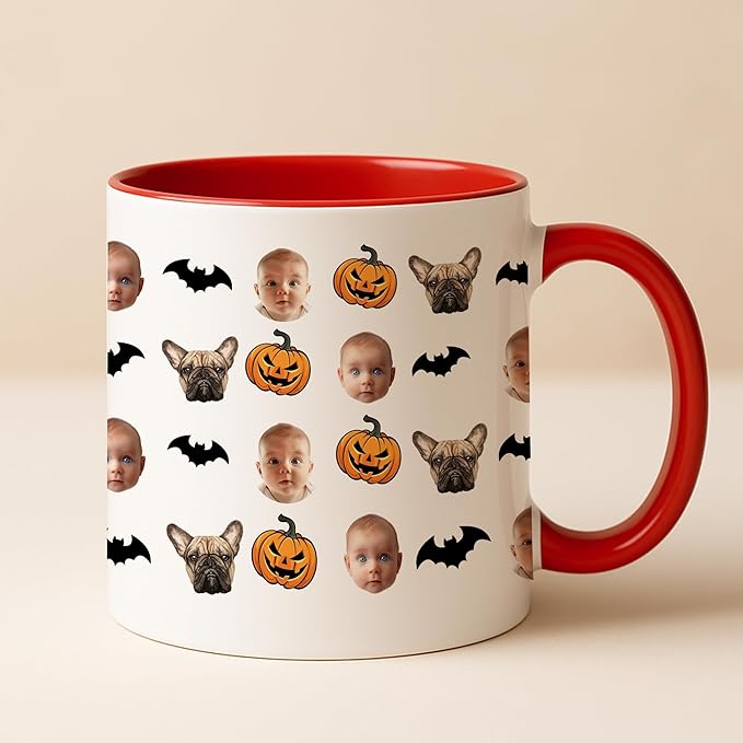 Personalized Halloween Mug with Baby & Dog Faces - Custom Photo Collage Coffee Mug with Pumpkins & Bats - Funny Halloween, Birthday Gift for Pet Lovers, Parents, Grandparents, or Kids