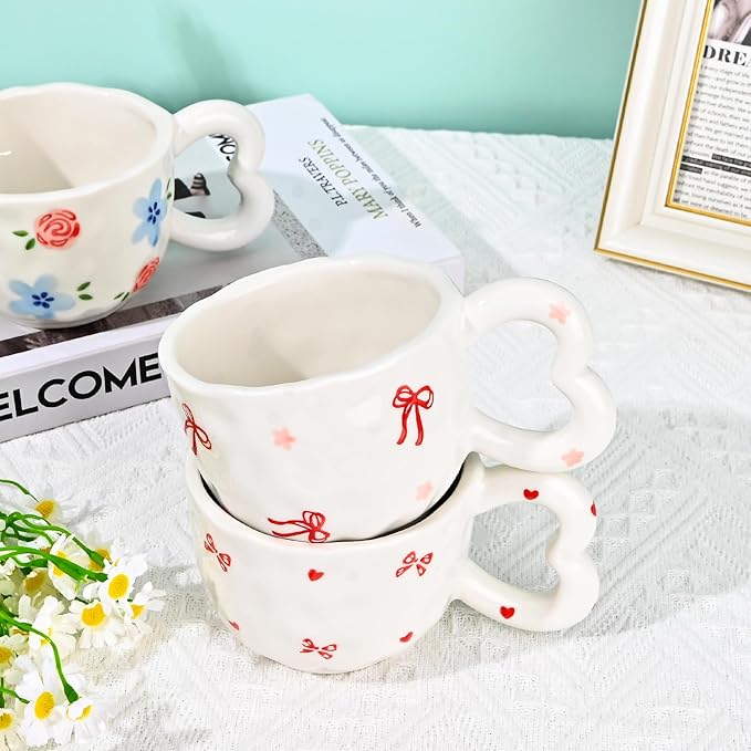 Koythin Ceramic Coffee Mug, Cute Creative Heart Handle Mug Design for Office and Home, Dishwasher and Microwave Safe, 10.5 oz/300 ml for Tea Latte Milk (Ribbon Bow)