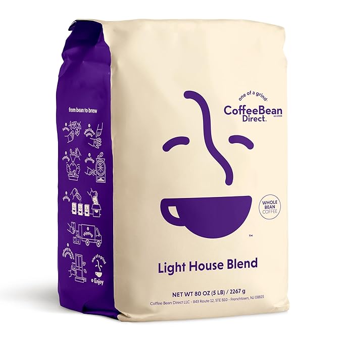 Coffee Bean Direct Light House Blend, Whole Bean Coffee, Light Roast, 5 Pound Bag (Pack of 1)