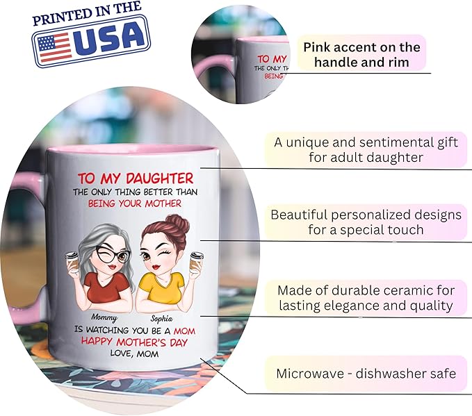 Wrappiness Personalized Daughter Accent Mug from Mom - Mothers Day Thoughtful Gifts for Daughter, Watching You Being A Mom Mug 11oz Pink Accent, Happy First Mothers Day Coffee Cup