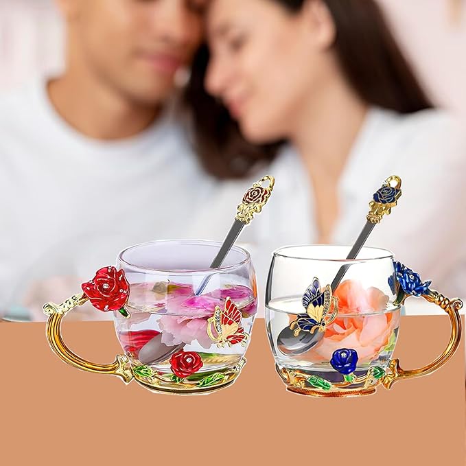 Glass Tea Cup，Birthday present for a mother a birthday present for RoseCoffee Mugs for Mother's Day (Rose Red A)