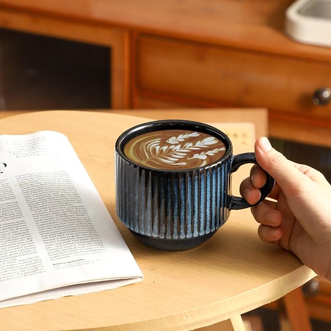 glowworm Coffee Mugs Set of 4, 15 Oz Stackable Coffee Mugs with Rack, Ceramic Cups for Home, Office, Housewarming & Engagement Gifts, Microwave & Dishwasher Safe, Navy Blue