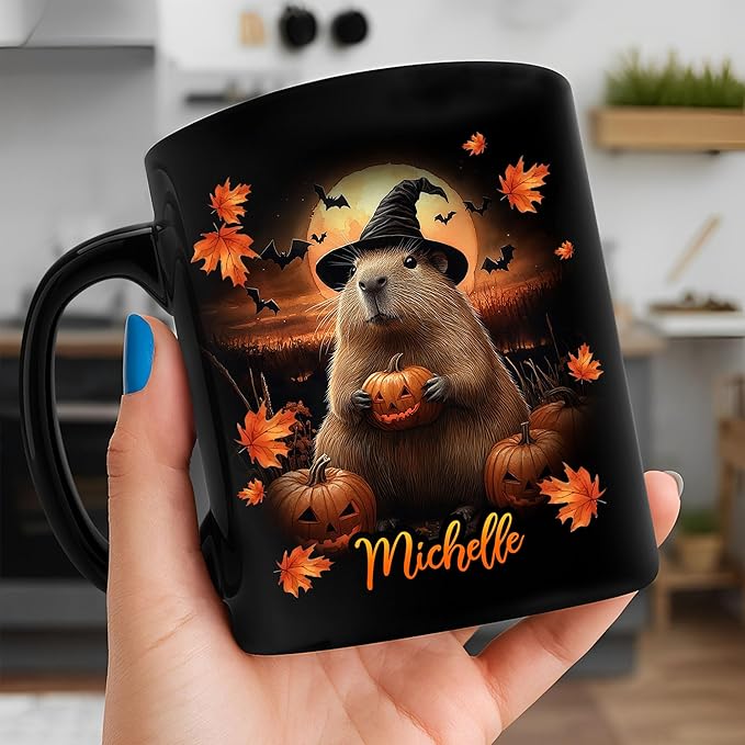 Hyturtle Personalized Halloween Capybara Mug - Capybara Gift For Women Lover - Wild Animal Lover Gift For Her - Spooky Season Decor For Fall Season Halloween - Coffee Name Cup Ceramic Mug 11 oz 15 oz