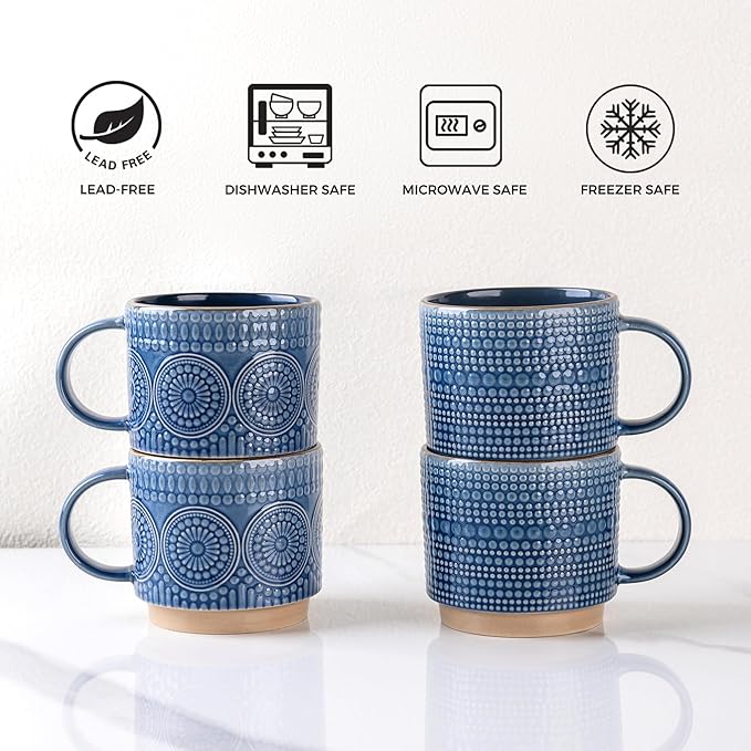 GBHOME 12OZ Stackable Coffee Mugs, Ceramic Coffee Mugs with Texture Patterns for Man,Woman,Dad,Mom, Modern Coffee Mugs Set of 4 for Latte/Cappuccino/Cocoa. Dishwasher&Microwave Safe
