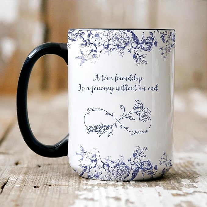 Personalized Best Friend Mug – Custom Name Floral Design, Birthday, Anniversary, Going Away Gifts for Best Friends, Chinoiserie Toile de Jouy Ceramic Mug
