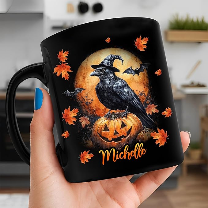 Hyturtle Personalized Halloween Raven Crow Mug - Raven Gift For Women Lover - Wild Animal Lover Gift For Her - Spooky Season Decor For Fall Season Halloween - Coffee Name Cup Ceramic Mug 11 oz 15 oz