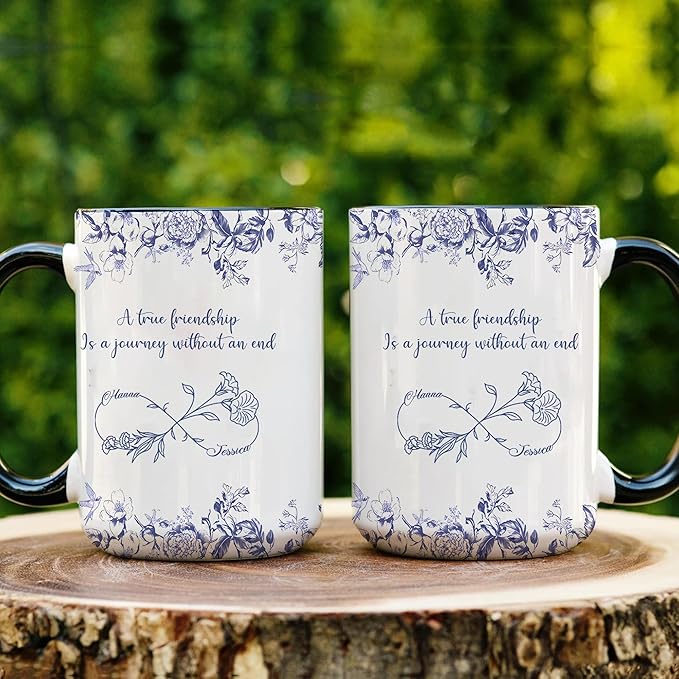 Personalized Best Friend Mug – Custom Name Floral Design, Birthday, Anniversary, Going Away Gifts for Best Friends, Chinoiserie Toile de Jouy Ceramic Mug