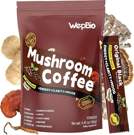 Mushroom Coffee Original Black 11 in 1 Adaptogenic Mushrooms Blend with Ashwagandha KSM-66,Lions Mane,Reishi,Turkey Tail Instant Mushroom Coffee for Boost Energy, Focus 30 Servings