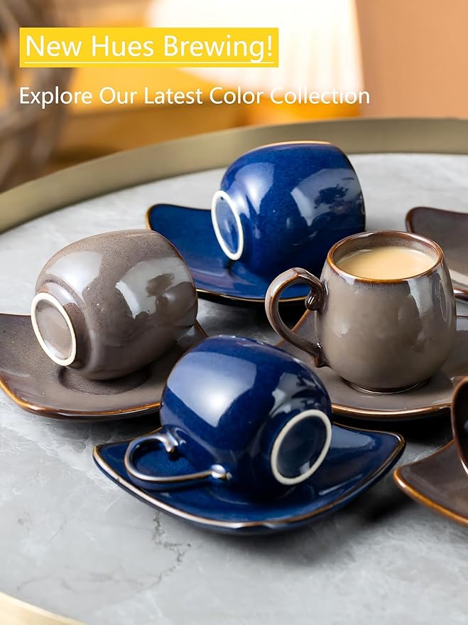 LYEOBOH 3oz Espresso Cups with Saucers, Small Coffee Cups Set of 6 with Spoons and Metal Stand, Ceramic Cute Demitasse Cups for Housewarming Wedding Gift, Cobalt Blue