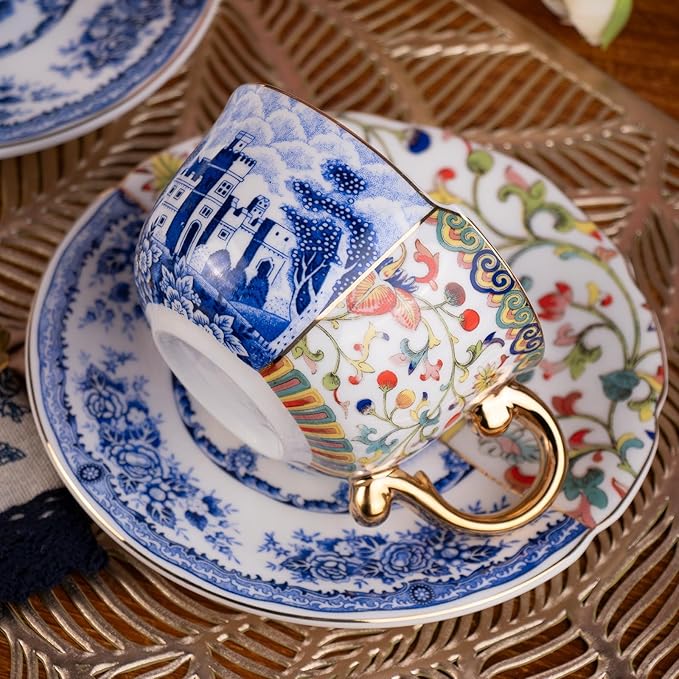 KAMMAK Tea Cups and Saucers Set of 2, Fine Bone China Coffee Cups, 8.5-Ounce Stackable Espresso Mugs, Ceramic Demitasse for Coffee, Cappuccino, Latte, Americano, Tea, Doozy + Rose