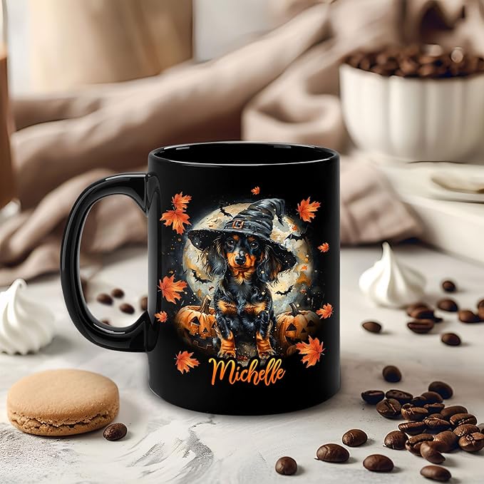 Hyturtle Personalized Halloween Dachshund Mug - Dachshund Gift For Women Lover - Pet Dog Lover Gift For Her - Spooky Season Decor For Fall Season Halloween - Coffee Name Cup Ceramic Mug 11 oz 15 oz