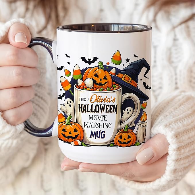 Personalized Halloween Movie Watching Mug – Custom Pumpkin Ghost Coffee Cup with Witch Hat and Candy Corn – Cute Fall Coffee Mug for Women, Spooky Bookish Gift for Readers & Halloween Lovers