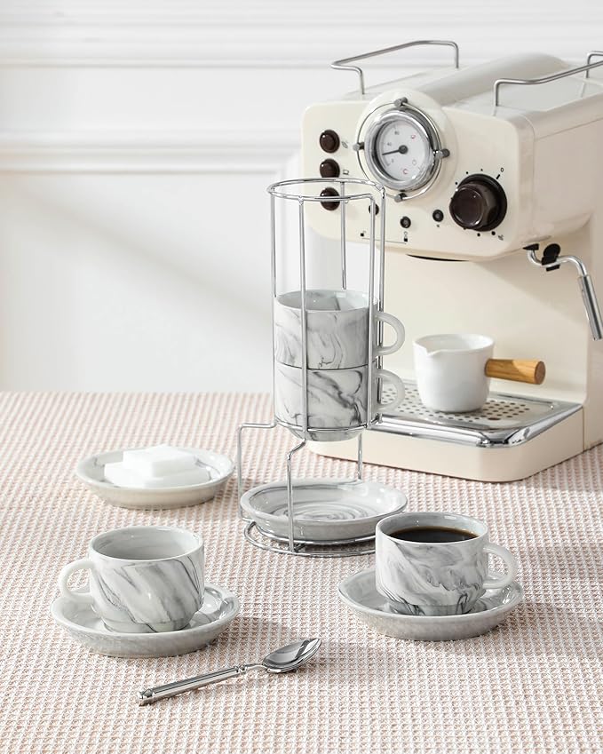 MALACASA 4 OZ Porcelain Espresso Cups with Saucers and Metal Stand Set of 4, Stackable Cappuccino Cups, Marble Gray Expresso Shots Cup Set for Coffee Drinks, Latte, Tea