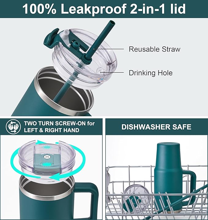 SUNWILL Travel Coffee Mug with Lid, 30 oz Tumbler with Handle and Straw Leak Proof, Stainless Steel Cup Insulated for Office & Camping, Cupholder Friendly, Powder Coated Deep Teal