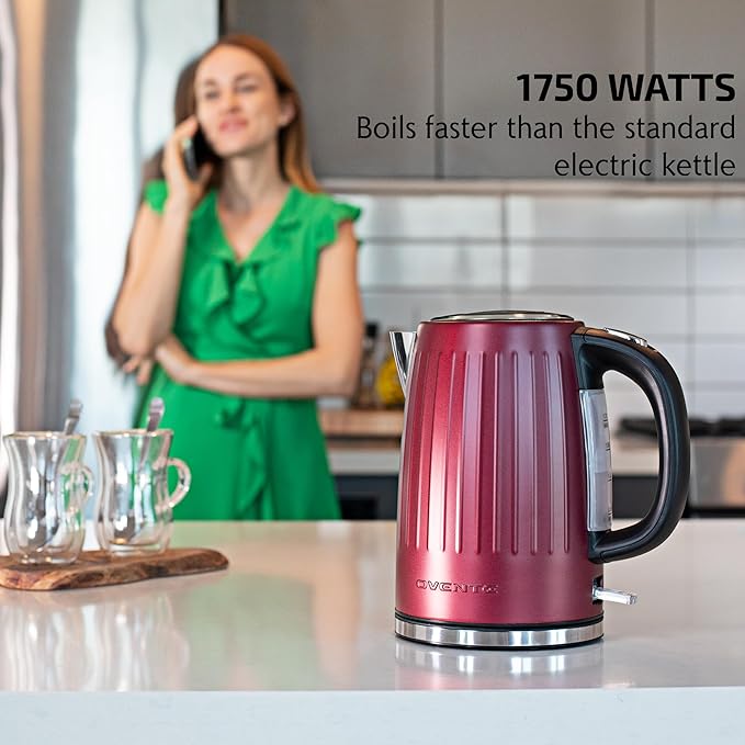 OVENTE Electric Kettle, 1.7L Stainless Steel Fast Boiling Water Heater with 1750W Power, BPA Free & Cordless Body, Auto Shut-Off, Boil-Dry Protection, Indicator Light & Removable Filter, Maroon KS711M