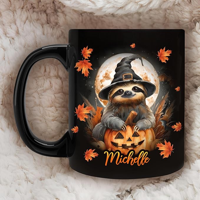 Hyturtle Personalized Halloween Sloth Mug - Sloth Gift For Women Lover - Wild Animal Lover Gift For Her Daughter - Spooky Season Decor For Fall Season Halloween - Coffee Cup Ceramic Mug 11 oz 15 oz