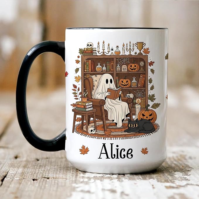 Personalized Halloween Book Lover Coffee Mug – Custom Cute Ghost Cup for Fall and Christmas – Unique Spooky Coffee Mugs for Women, Readers, and Bookish Gift Ideas