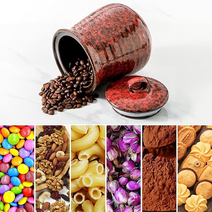 Ceramic Food Storage Jar, Coffee Canister for Countertop with Lids Airtight, Large Flour,Spices,Beans,Rice and Candies Containers for Kitchen and Home,Gift for Halloween,Farmhouse,35 OZ Red