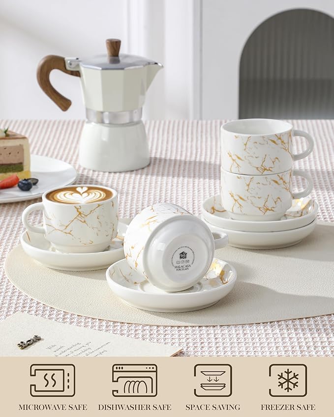 MALACASA 4 OZ Porcelain Espresso Cups with Saucers and Metal Stand Set of 4, Stackable Cappuccino Cups, Marble White Expresso Shots Cup Set for Coffee Drinks, Latte, Tea