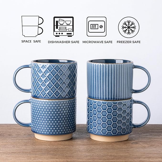 GBHOME 15OZ Stackable Coffee Mugs, Ceramic Coffee Cups with Texture Patterns for Man,Woman,Dad,Mom, Modern Coffee Mugs Set of 4 for Latte/Cappuccino/Cocoa. Dishwasher&Microwave Safe, Blue