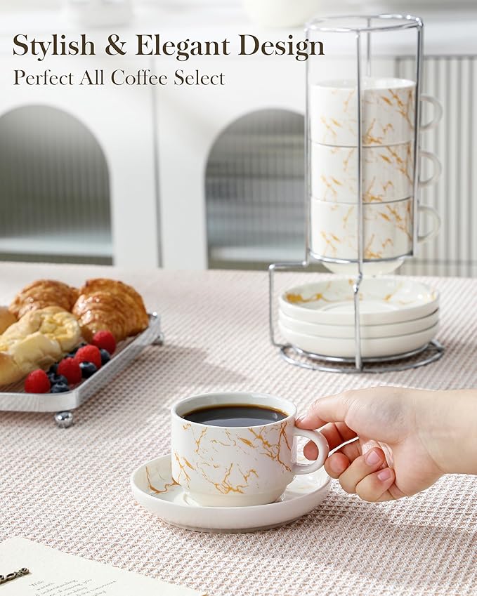 MALACASA 8 OZ Porcelain Espresso Cups with Saucers and Metal Stand Set of 4, Stackable Cappuccino Cups, Marble White Expresso Shots Cup Set for Coffee Drinks, Latte, Tea