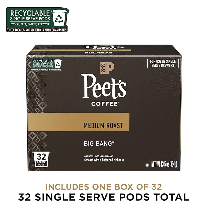Peet's Coffee, Medium Roast Single Serve Coffee Pods - Big Bang, 32 Count (1 Box of 32 Pods)
