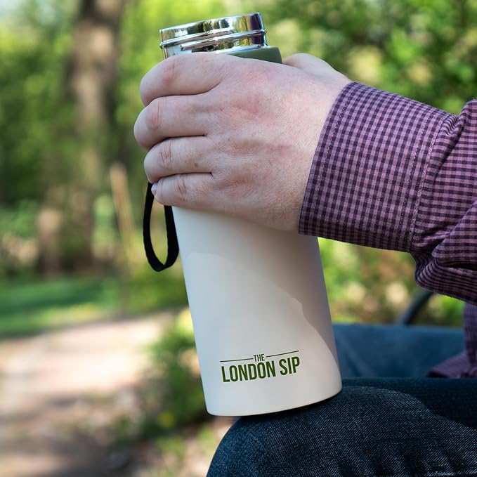 London Sip 25 oz Multi-Purpose Tea Infuser Mug – Fruit Infuser Water Bottle for Hot and Cold – Double Wall Stainless Steel Insulated, Safari Beige