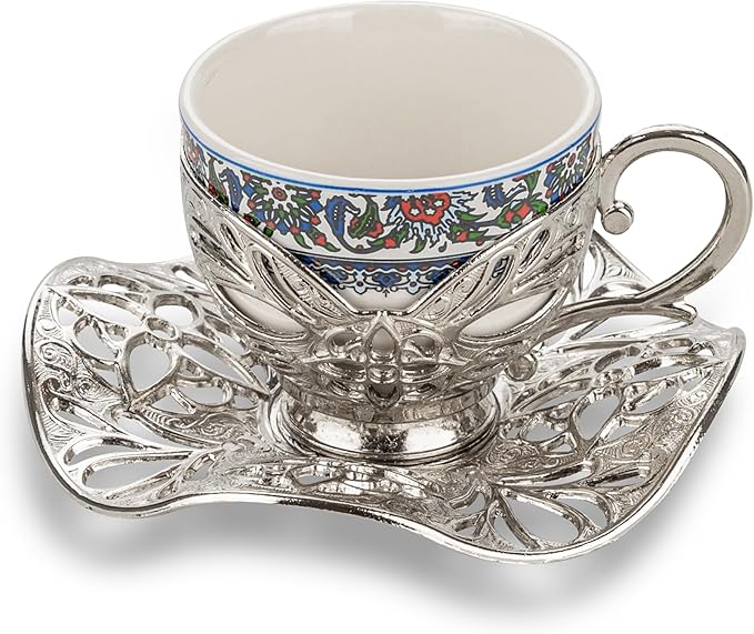 Alisveristime Turkish Coffee Set for Six, 6 Topkapi Design Porcelain Cups with Zamac Holders and Saucers, Two Color Variations: Gold and Silver (Topkapi-Design) (Silver)