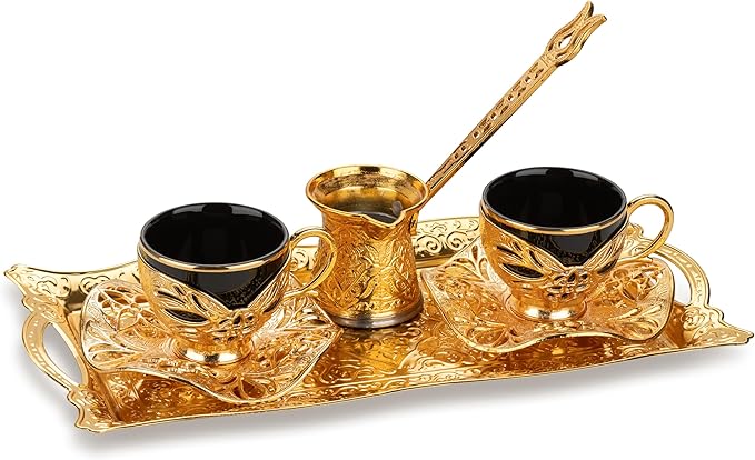Alisveristime Turkish Coffee Set for Two, 2 Black Gilded Porcelain Cups with Zamac Holders and Saucers, Metal Tray, Lale Motif Zamac Coffee Pot (Black Gilded) (Gold)