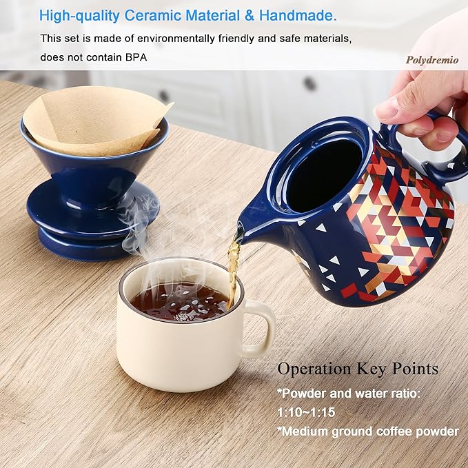 Pour Over Coffee Maker, Ceramic Coffee dripper with 100 pcs V60 Paper Filter, Ceramic coffee Server with Lid, 15.5oz/450 ml, Suitable for 1-2 people (Blue)