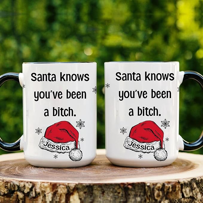 Personalized Funny Christmas Hot Cocoa Mug – Custom Naughty Santa Coffee Cup with Hilarious Quote – Unique White Elephant Exchange Present, Gag Gift for Friends, Holiday Ceramic Mug