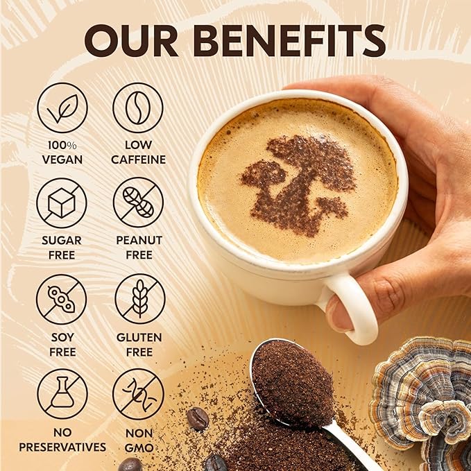 Mushroom Coffee – 10 in 1 Instant Coffee Organic Arabica - Cafe de Hongos w/Lion’s Mane, Turkey Tail, Chaga – Focus, Gut Health, Weight & Immune Support – Low Caffeine, Sugar-Free, Gluten Free 90g