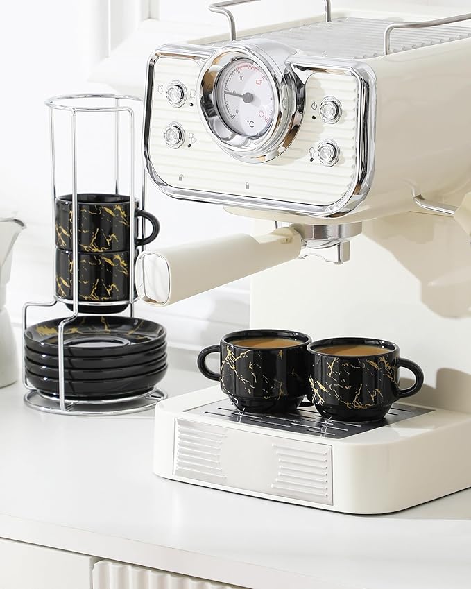 MALACASA 2.5 OZ Porcelain Espresso Cups with Saucers and Metal Stand Set of 4, Stackable Cappuccino Cups, Marble Black Expresso Shots Cup Set for Coffee Drinks, Latte, Tea