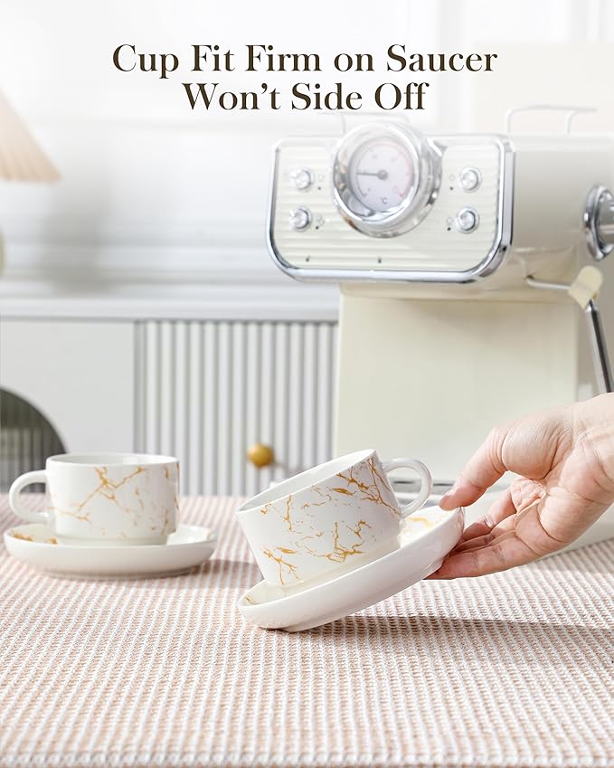 MALACASA 8 OZ Porcelain Espresso Cups with Saucers and Metal Stand Set of 4, Stackable Cappuccino Cups, Marble White Expresso Shots Cup Set for Coffee Drinks, Latte, Tea