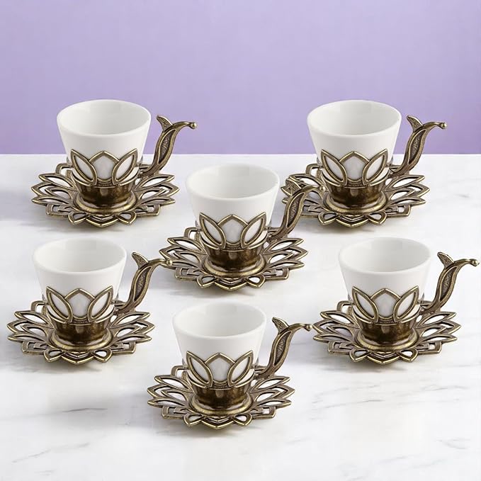 Alisveristime (Set of 6 Turkish Coffee Set with Porcelain Cups, Zamac Holders & Saucers – 80ml Capacity, Ottoman Motif, 4 Color Options (Antique Green)