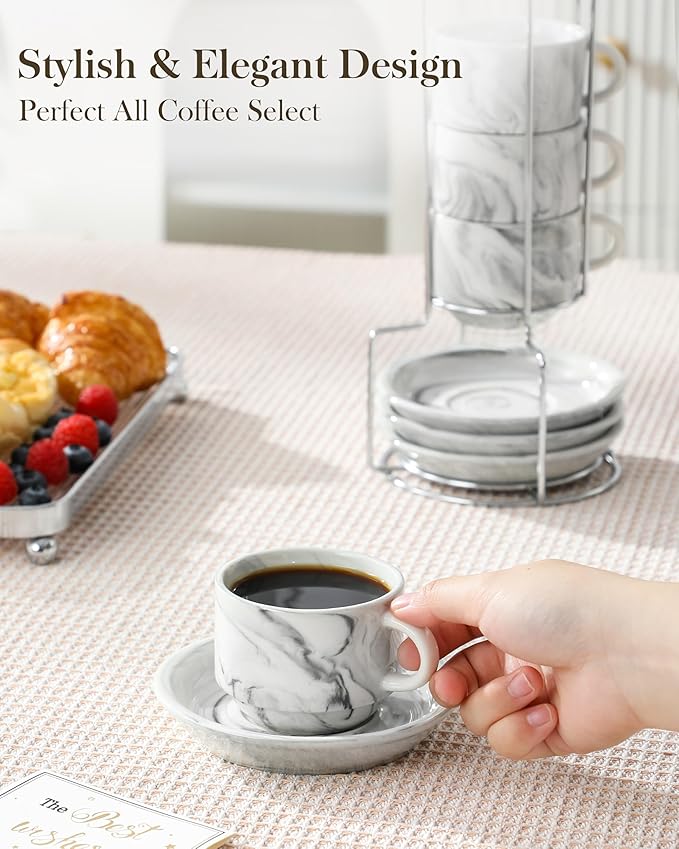 MALACASA 4 OZ Porcelain Espresso Cups with Saucers and Metal Stand Set of 4, Stackable Cappuccino Cups, Marble Gray Expresso Shots Cup Set for Coffee Drinks, Latte, Tea