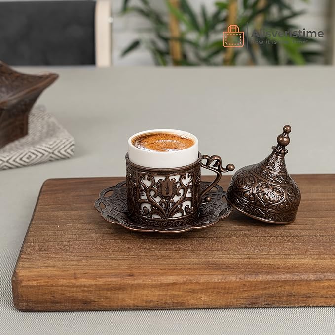 Alisveristime 6-Piece Set Turkish Espresso Coffee Cups with Saucer, Lid, Traditional Ottoman Tulip Motif (Multiple Color Variations) (Lale) (Copper)