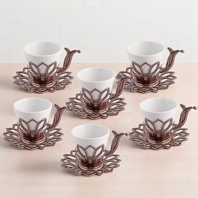 Alisveristime (Set of 6 Turkish Coffee Set with Porcelain Cups, Zamac Holders & Saucers – 80ml Capacity, Ottoman Motif, 4 Color Options (Brown)