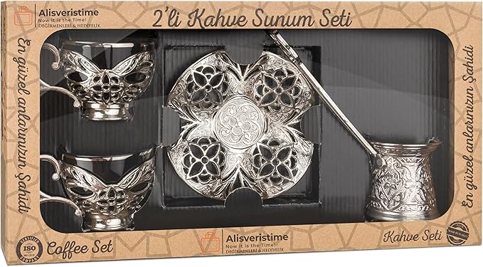 Alisveristime Turkish Coffee Set for Two, 2 Black Gilded Porcelain Cups with Zamac Holders and Saucers, Metal Tray, Lale Motif Zamac Coffee Pot (Black Gilded) (Silver)