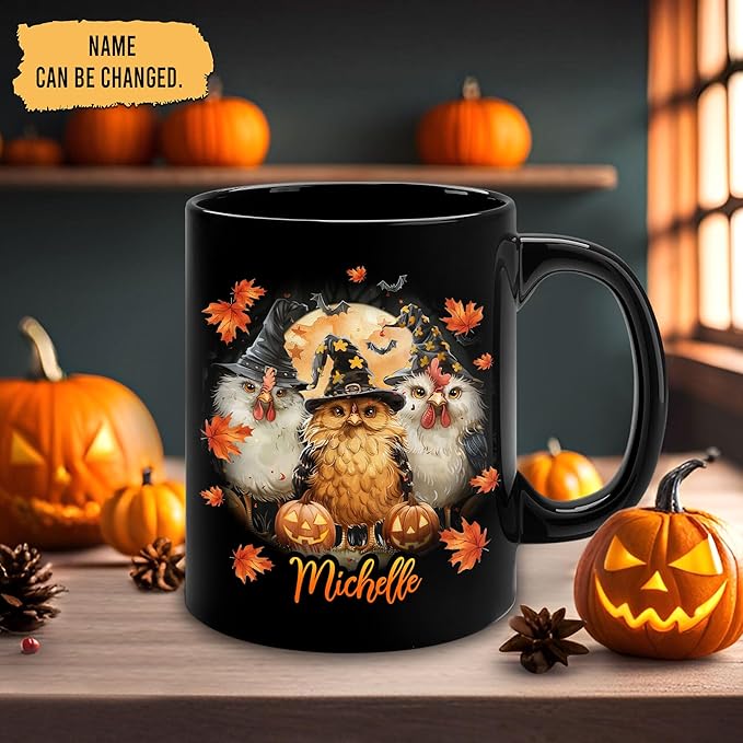 Hyturtle Personalized Halloween Chicken Mug - Chicken Gift For Women Lover - Farm Animal Lover Gift For Her - Spooky Season Decor For Fall Season Halloween - Coffee Name Cup Ceramic Mug 11 oz 15 oz