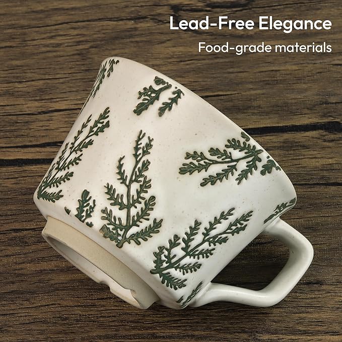 Ceramic Coffee Mug, 12 oz Novelty Unique Teacup with Handle, Stoneware Cup for Tea Mocha Latte Cappuccino Espresso (Set of 2, Ivy and Leaf)