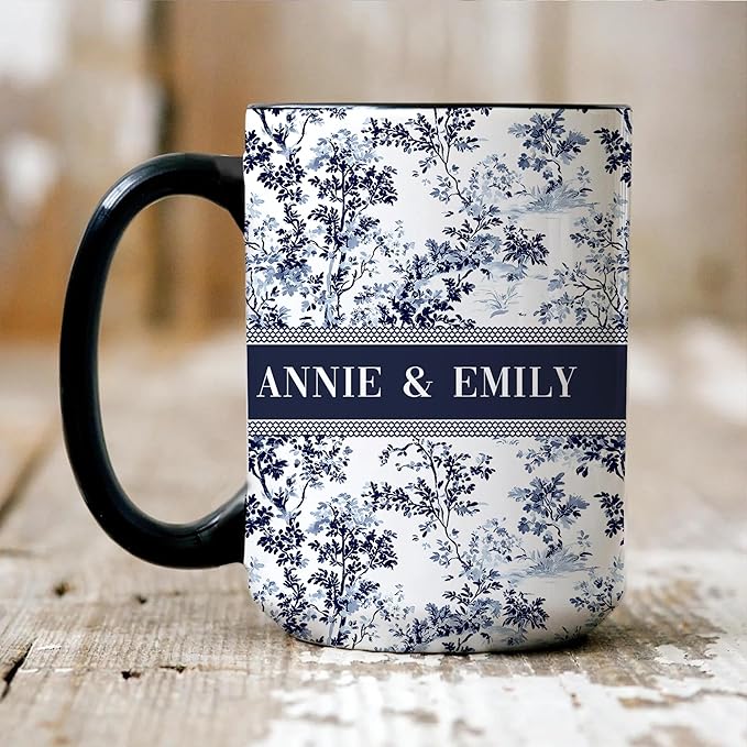 Personalized Best Friend Mug – Custom Name Floral Design, Birthday, Anniversary, Going Away Gifts for Best Friends, Chinoiserie Toile de Jouy Ceramic Mug