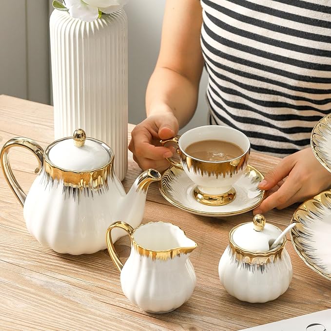 LETAOTAO Tea Cups and Saucers Set of 6, 7 oz Ceramic Turkish Coffee Cup With Gold Trim for Cappuccino, Latte, Mocha, Au Lait, Double Espresso, White