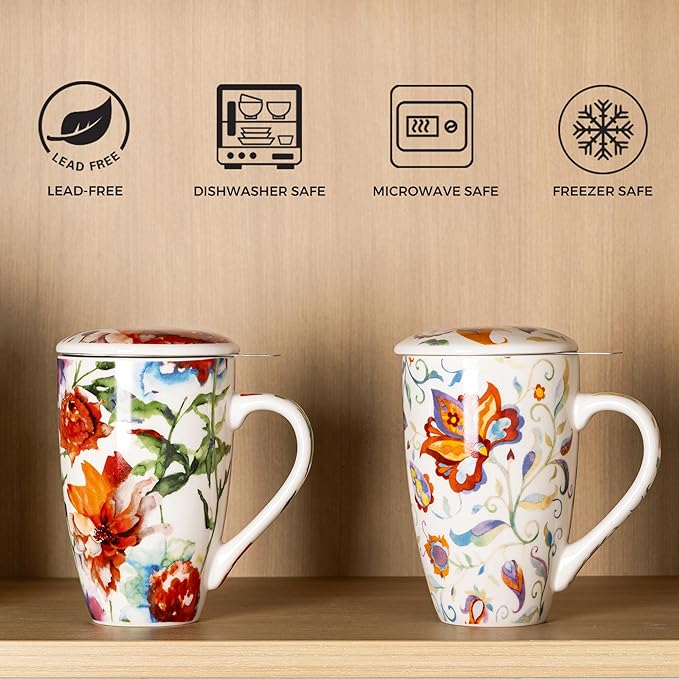 GBHOME Tea Mug with Infuser and Lid, 18 Ounce Large Ceramic Loose Leaf Cup, Microwave, Dishwasher Safe, Perfect for Tea Lovers