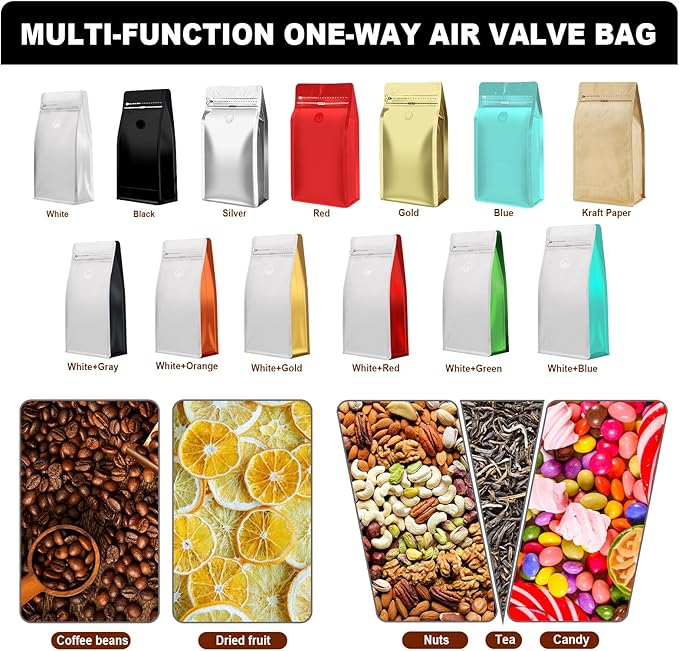 Coffee Bags with Valve(60pcs,16 oz,1 lb) Vented Coffee Beans Packaging Bags High Barrier Aluminumed Foil Flat Bottom Heat Sealed Side Zipper Resealable Storage Bag for Home or Business（Blue）