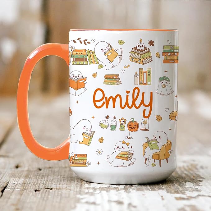 Halloween Book Lover Coffee Mug – Cute Ghost Cup with Name – Fall Coffee Mug for Women, Christmas Birthday Present, or Unique Bookish Gift for Readers – Personalized Reading Lover Cup
