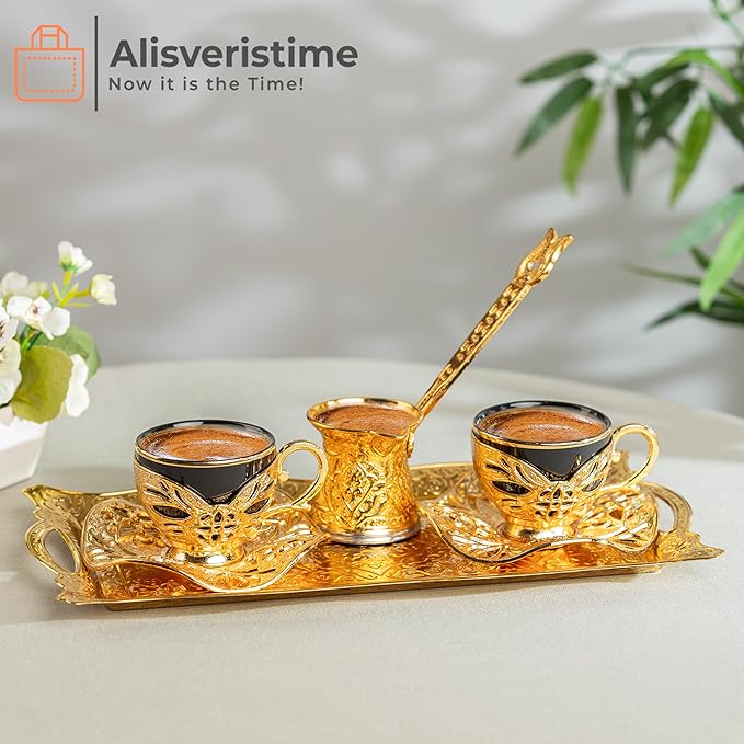 Alisveristime Turkish Coffee Set for Two, 2 Black Gilded Porcelain Cups with Zamac Holders and Saucers, Metal Tray, Lale Motif Zamac Coffee Pot (Black Gilded) (Gold)